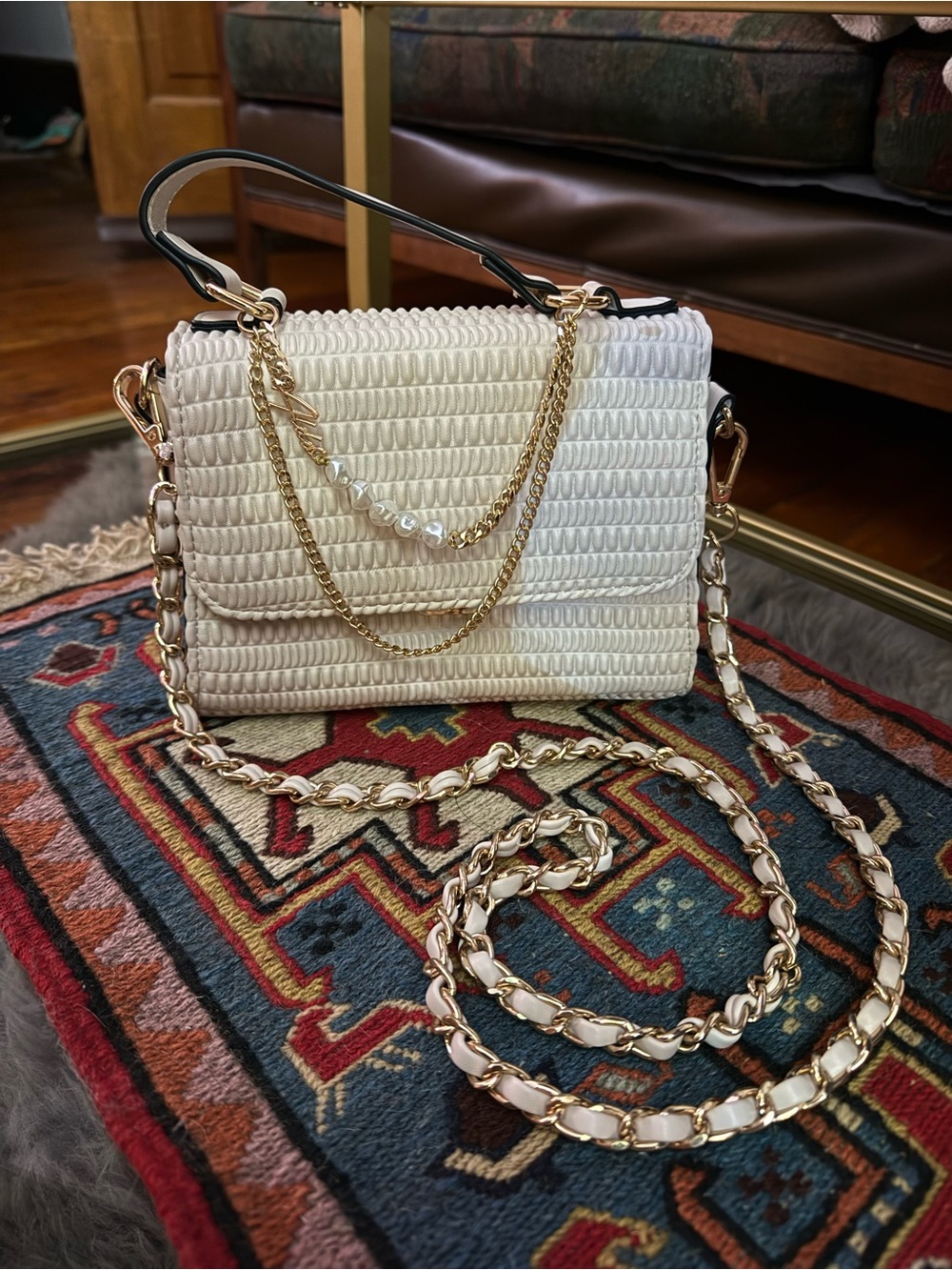 Aldo Cream Quilted Crossbody Bag with Gold Chain & Pearl Accents